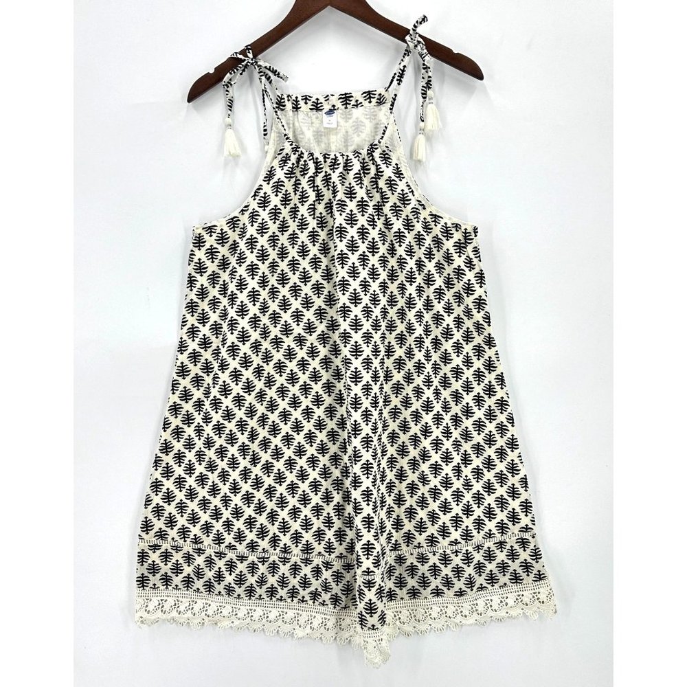 Old Navy Mini Dress Womens Sleeveless Tie Shoulder  Ikat Lace Hem Black Cream M